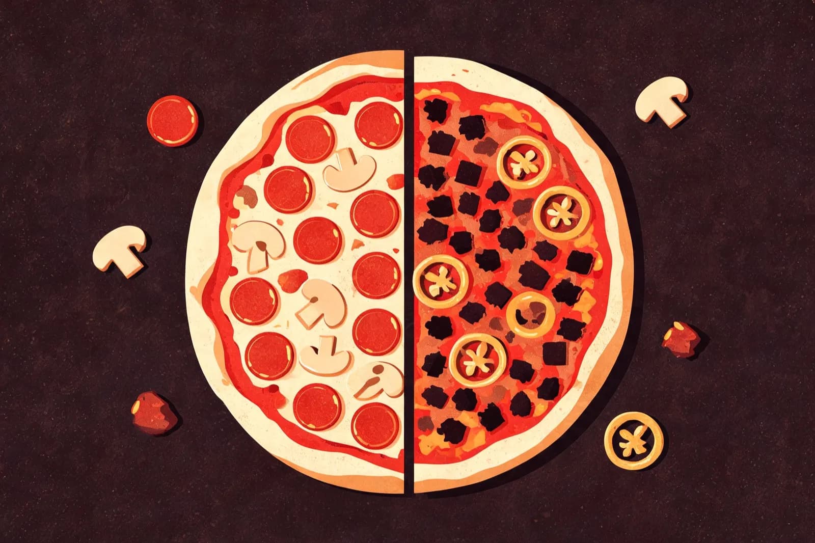 Illustration of a pizza split into two halves with different two-topping combinations