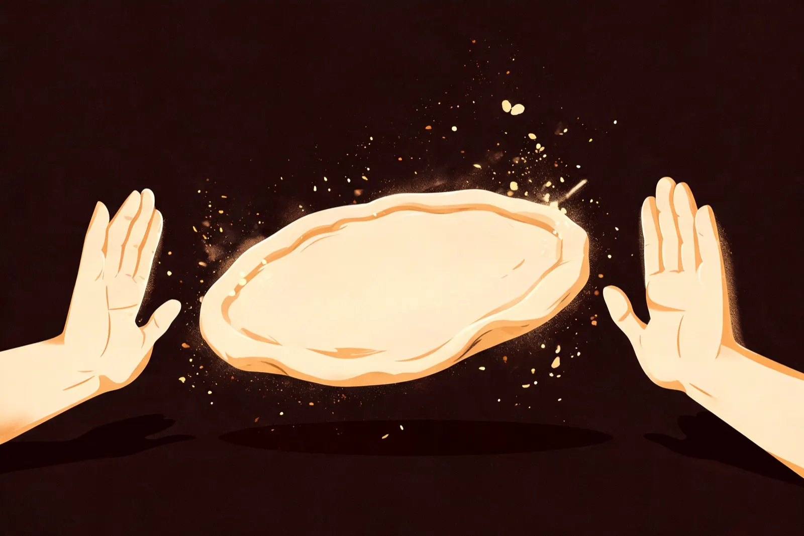 Illustration of two hands tossing a spinning disc of pizza dough with flour in the air