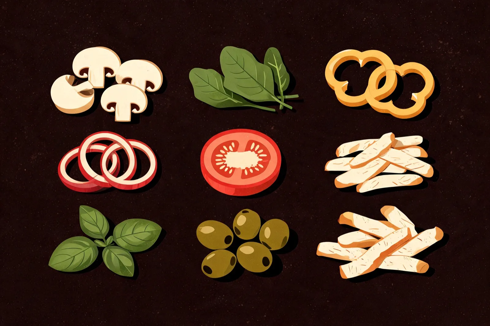 Illustration of fresh pizza toppings in a grid: mushrooms, spinach, peppers, onion, tomato, chicken, basil, olives