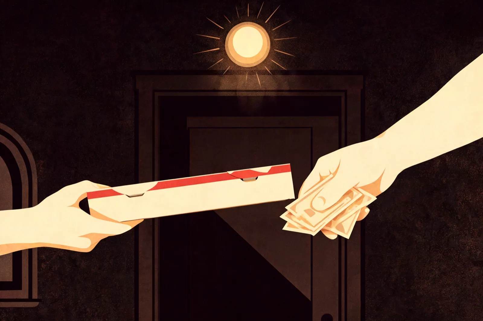 Illustration of a pizza box handed through a doorway at night with a tip under the receiver's thumb