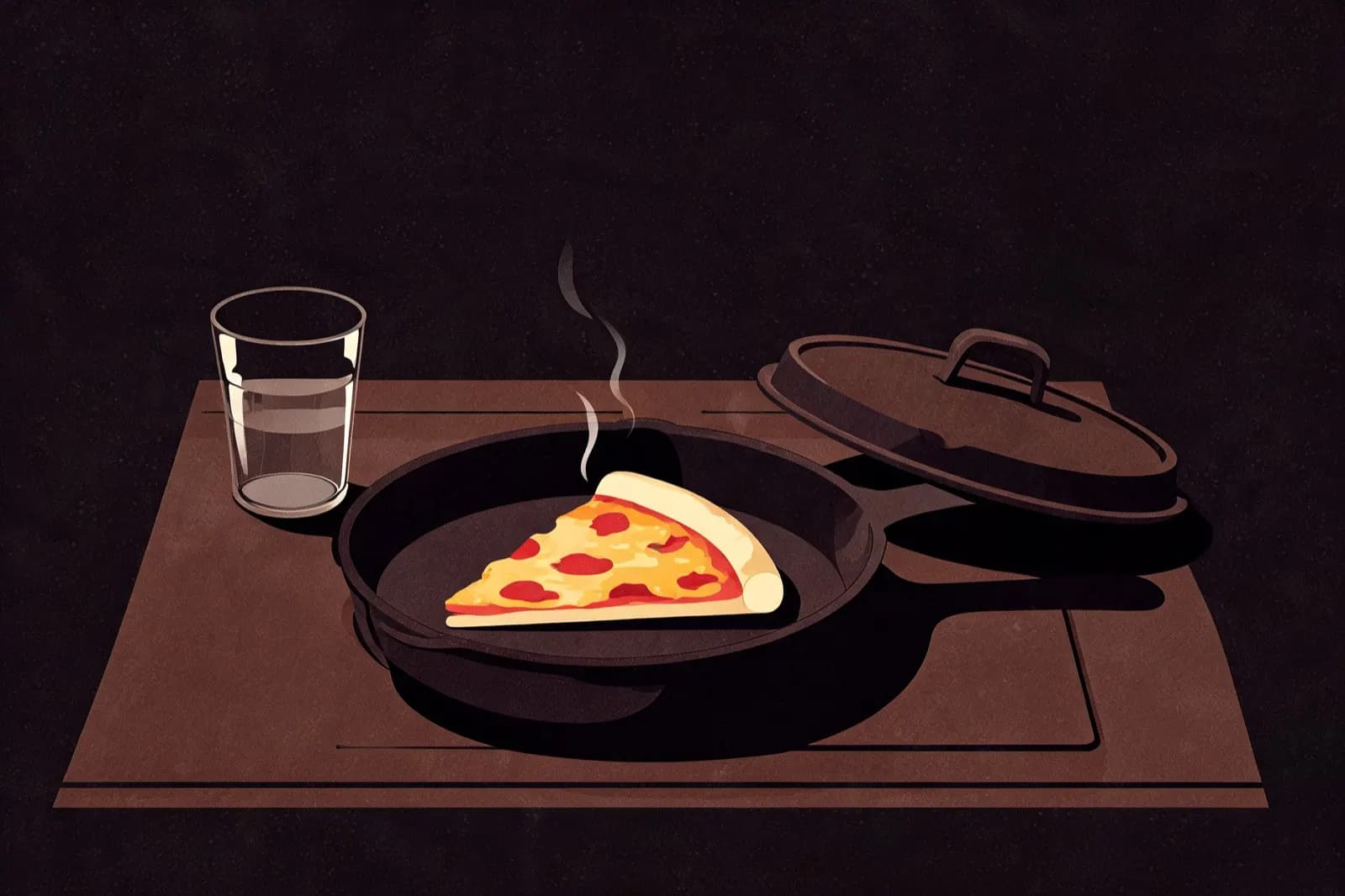 Illustration of a pizza slice re-crisping in a cast-iron skillet with a lid and glass of water nearby
