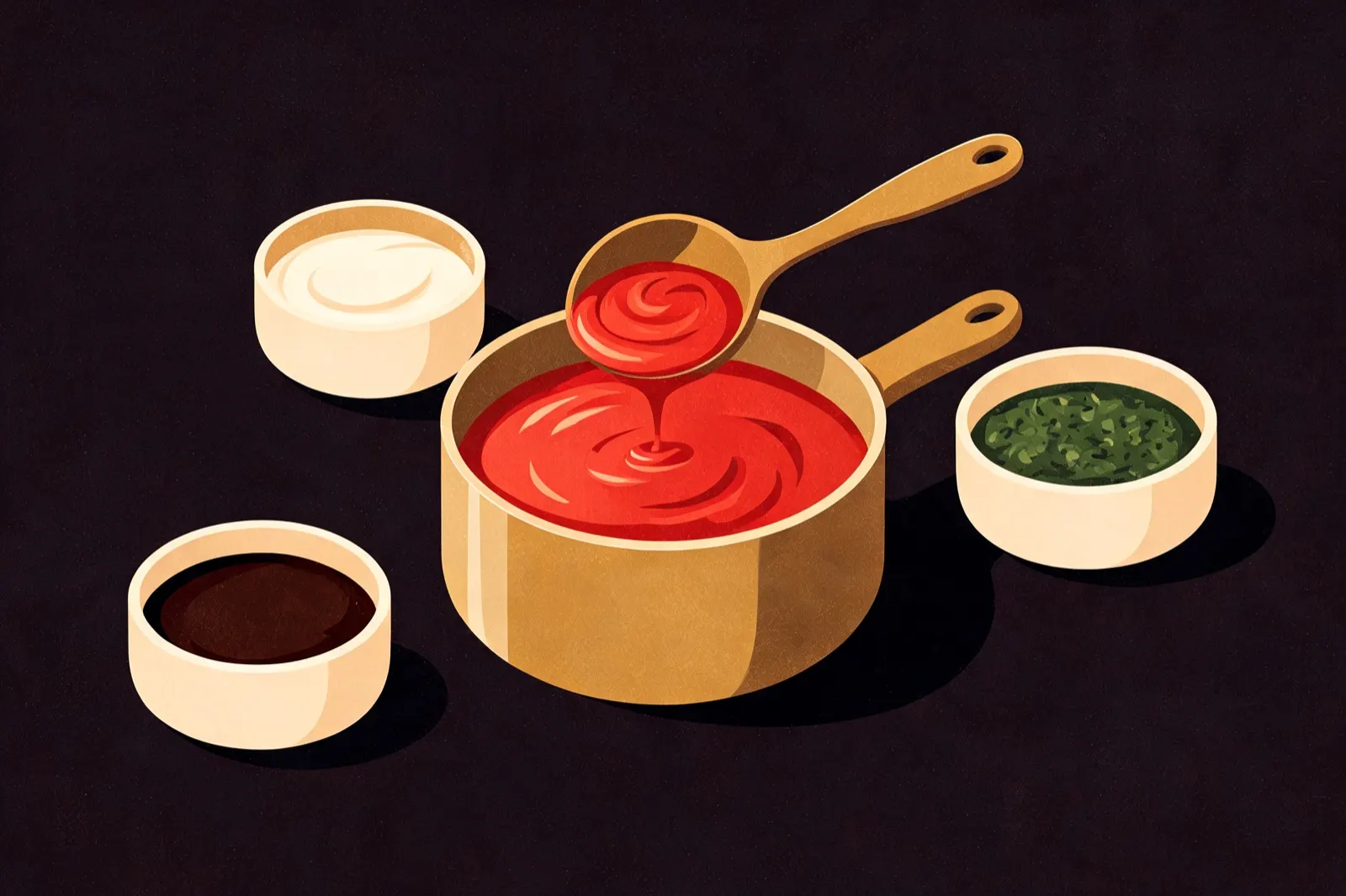 Illustration of a saucepan of red pizza sauce with a ladle, beside bowls of cream sauce, pesto, and BBQ sauce