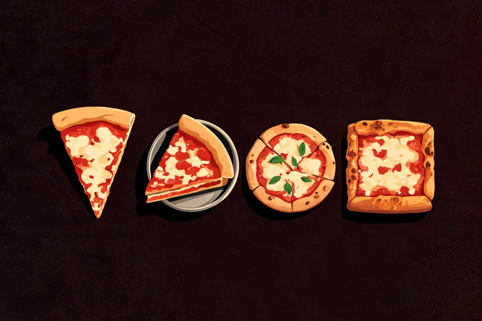 Flat illustration of four pizza styles side by side: New York slice, deep-dish wedge, Neapolitan round, and Detroit square