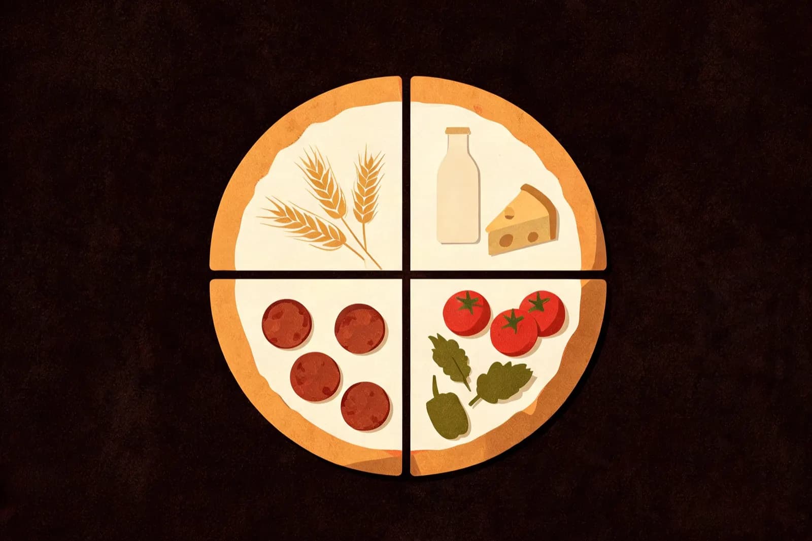 Illustration of a pizza drawn as a pie chart with wedges for grains, dairy, vegetables, and meat