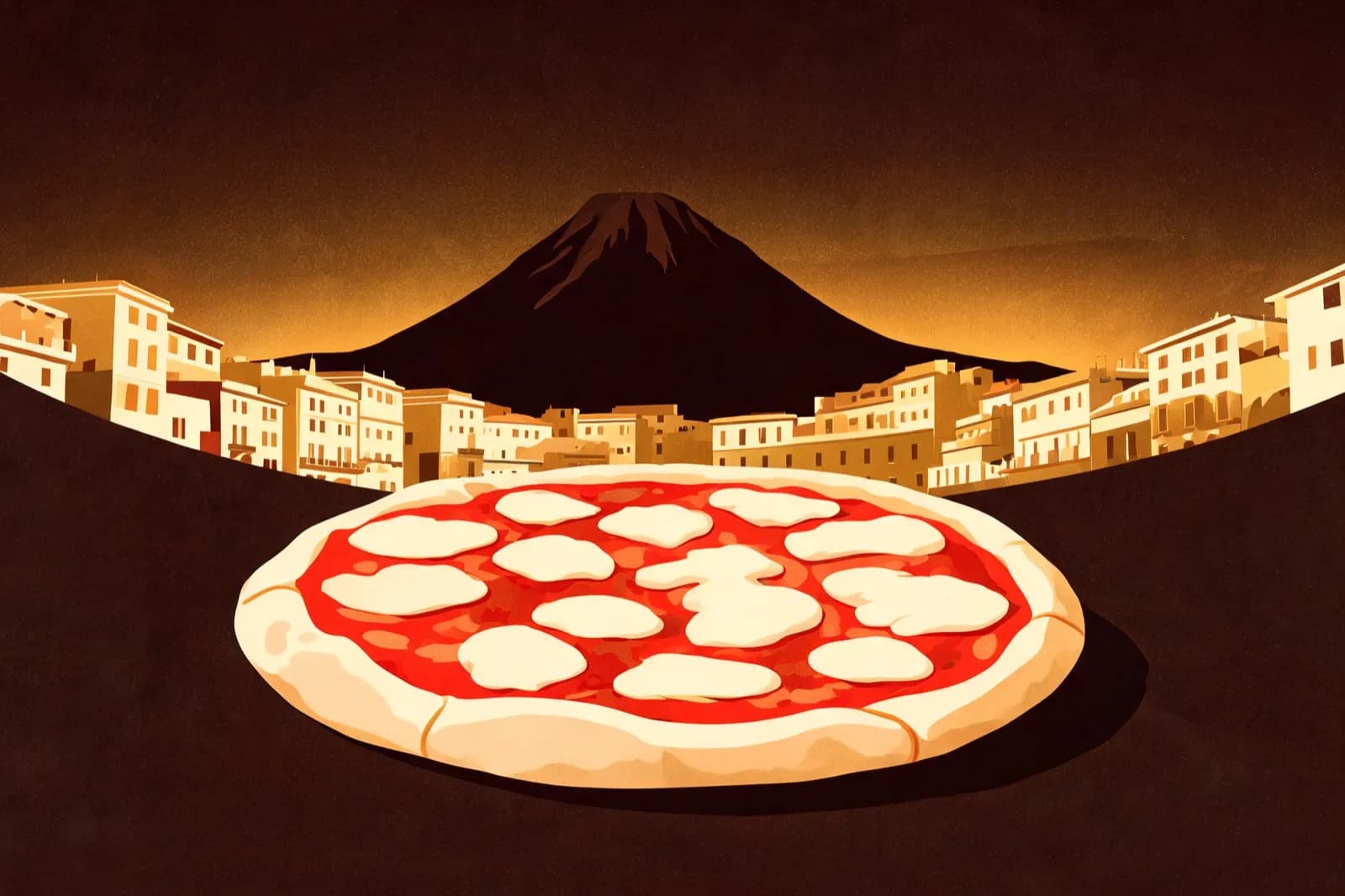 Illustration of a margherita pizza in front of Mount Vesuvius and old Naples buildings