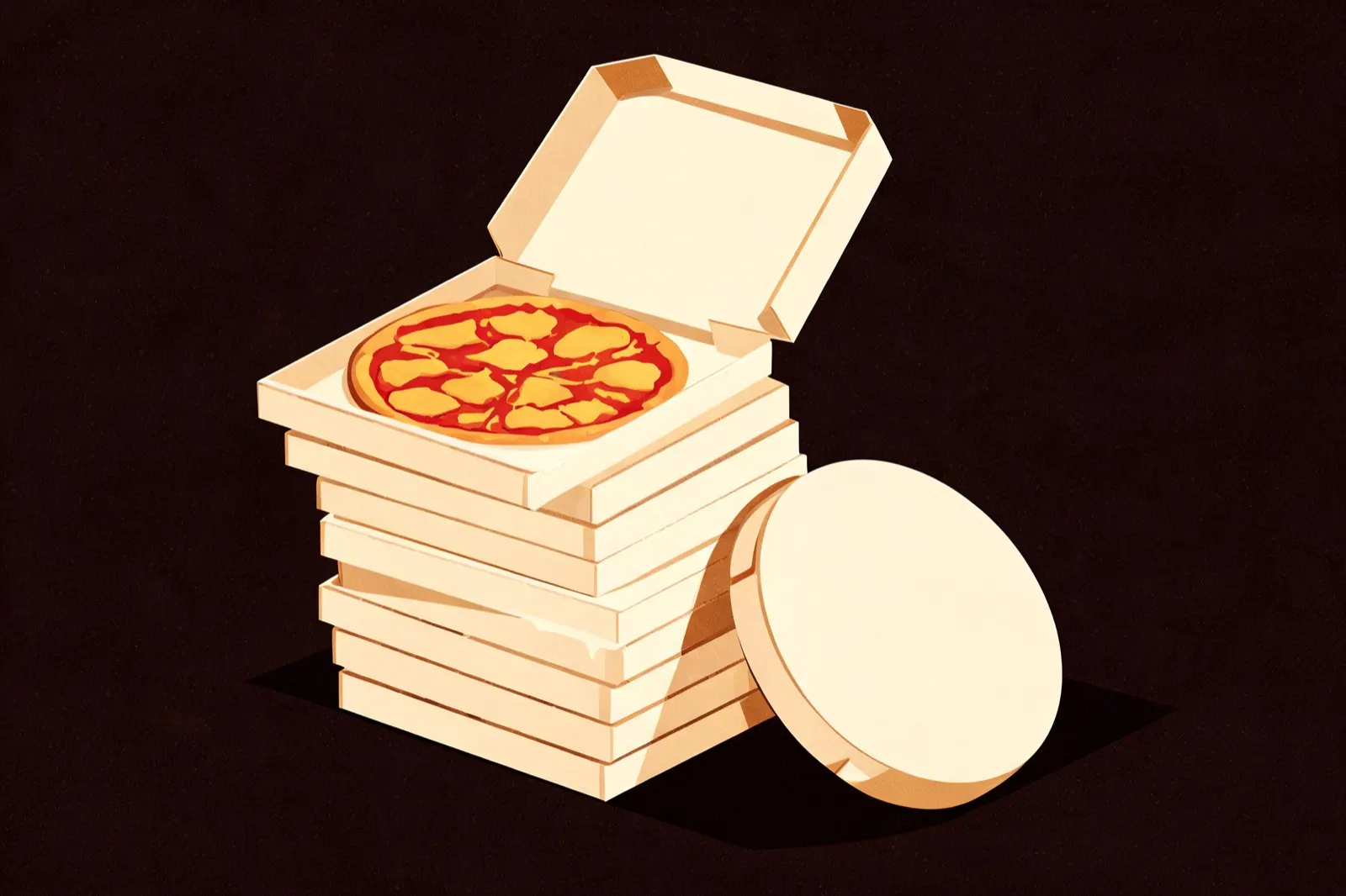 Illustration of a stack of square pizza boxes with the top box open showing a round pizza, one round box leaning against the stack
