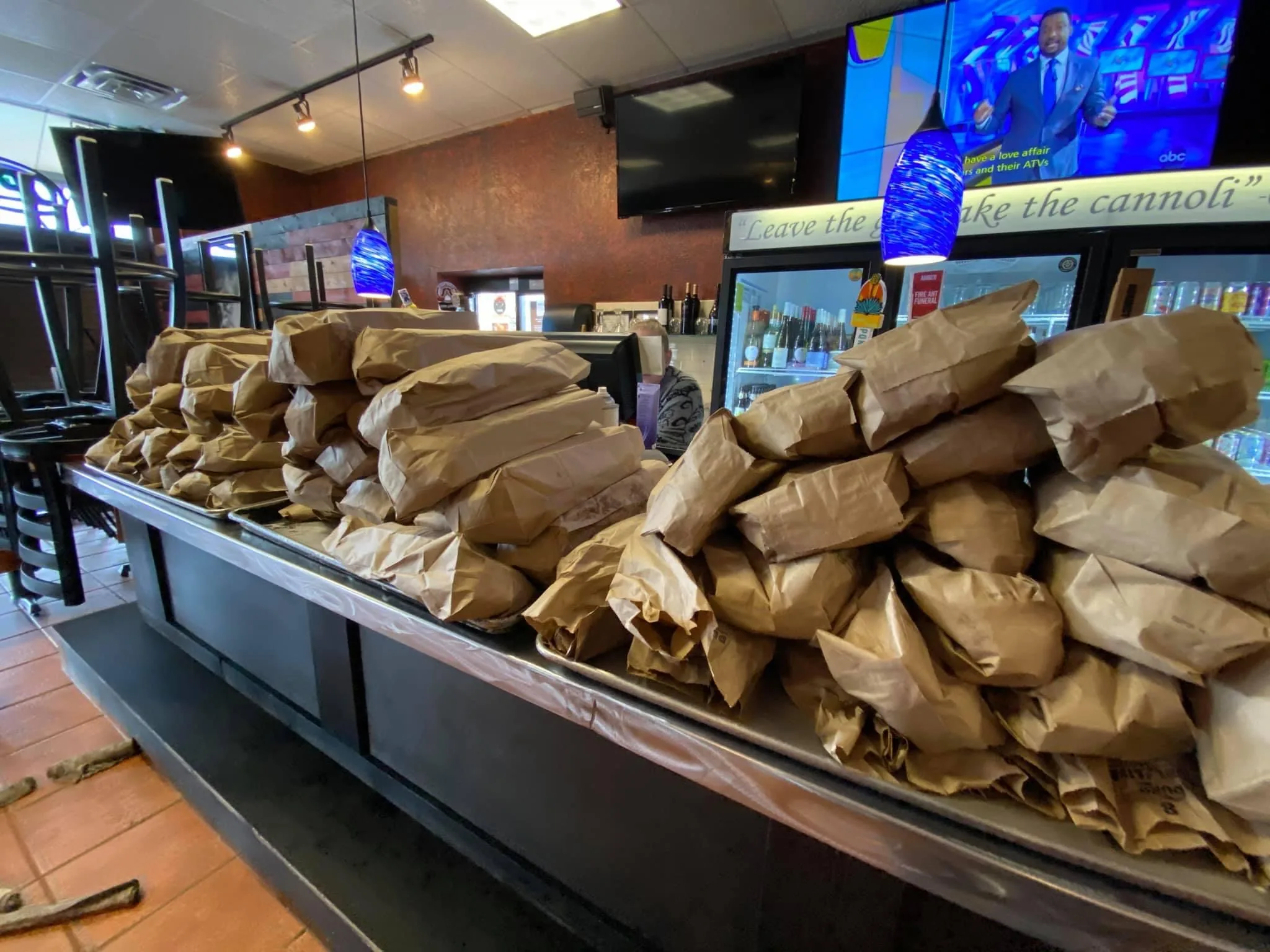 Bags of bread prepared at Big Jim's for a community giveaway